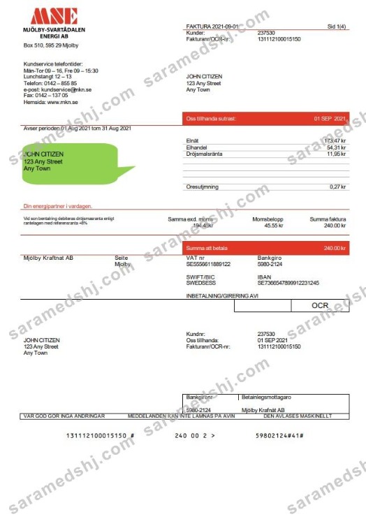 Sweden Mjölby Kraftnat AB utility bill template in .doc and .pdf format
